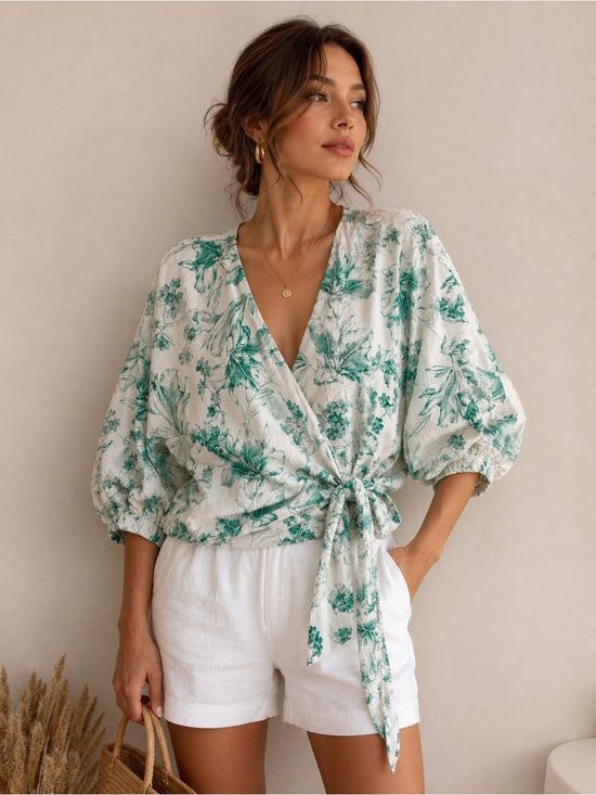 Zara Tops - Zara Botanical Wrap Blouse XS Oversized Green Floral Linen Blend Top Cottagecore
